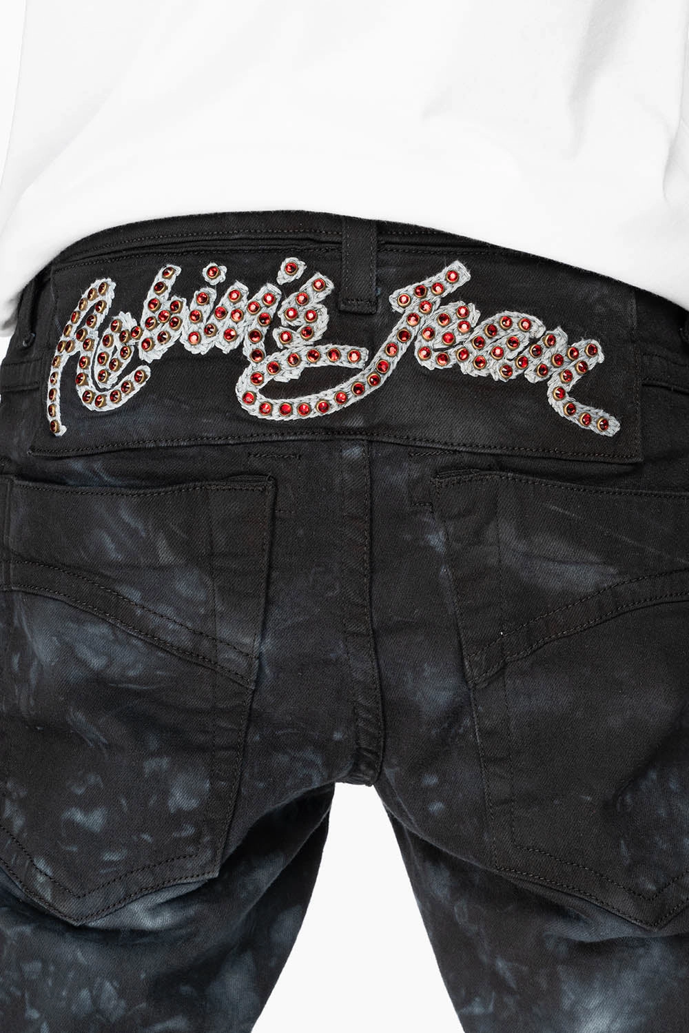 SKINNY MENS JEANS IN ASTRO BLACK WITH CHAIN STICH EMBROIDERY LOGO EMBELLISHED WITH RED CRYSTALS Bold Look Professional Wear