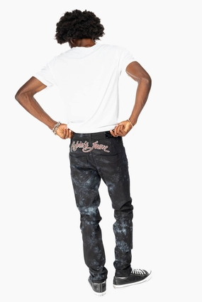 Fit And Easy Casual Friday Parent Style Travel Outfit SKINNY MENS JEANS IN ASTRO BLACK WITH CHAIN STICH EMBROIDERY LOGO EMBELLISHED WITH RED CRYSTALS