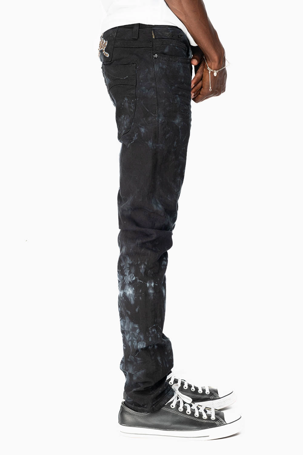 Flexible Waist Soft Date Night Street Fashion SKINNY MENS JEANS IN ASTRO BLACK WITH CHAIN STICH EMBROIDERY LOGO EMBELLISHED WITH RED CRYSTALS