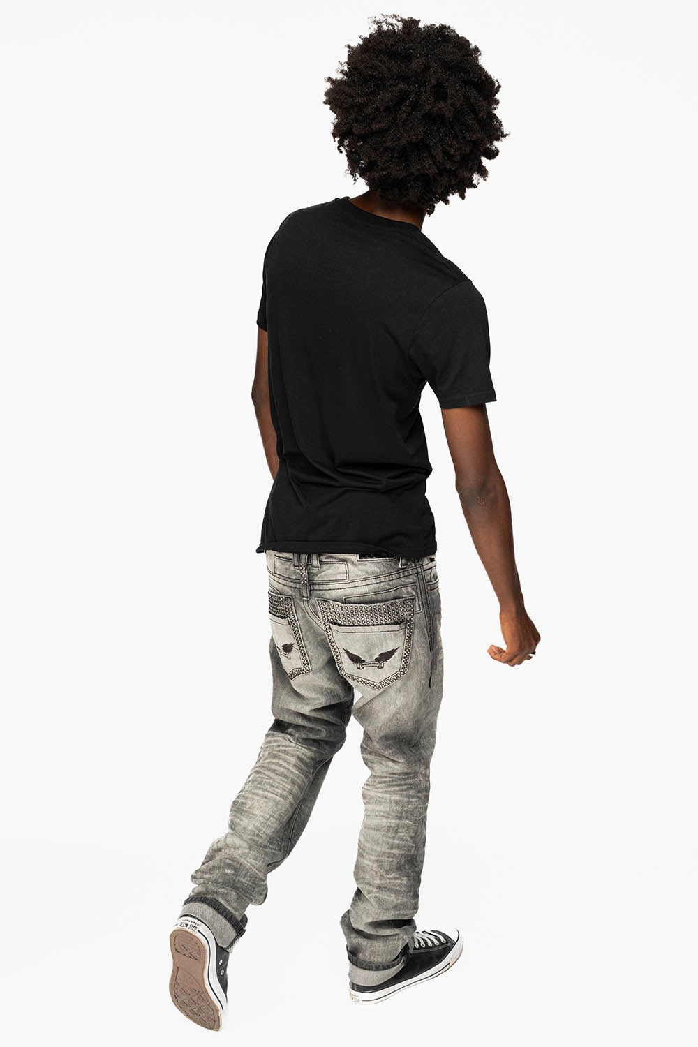 MENS DOUBLE BACK POCKET JEANS LIMITED EDITION WITH  BLK DIAMOND CRYSTALS IN CHEROKEE WASH Sleek Shape