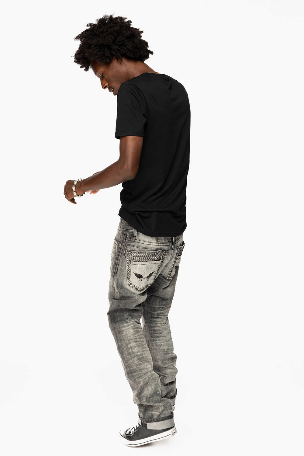 Neutral Piece Garment Dyed Texture MENS DOUBLE BACK POCKET JEANS LIMITED EDITION WITH  BLK DIAMOND CRYSTALS IN CHEROKEE WASH