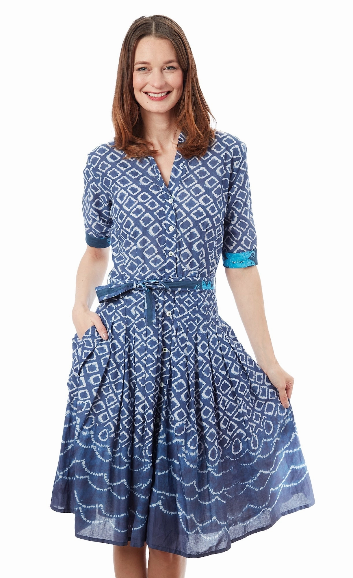 Mrs Maisel Dress - Navy White Ikat Print Flowy casual dress Skin Touch