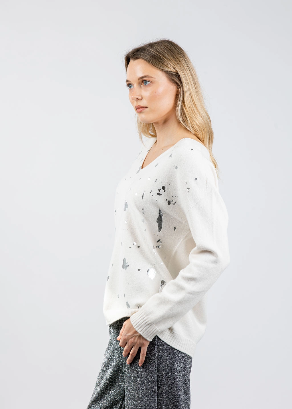 Vicky V-Neck Foil Splatter Sweater - White Silver Cozy Active
