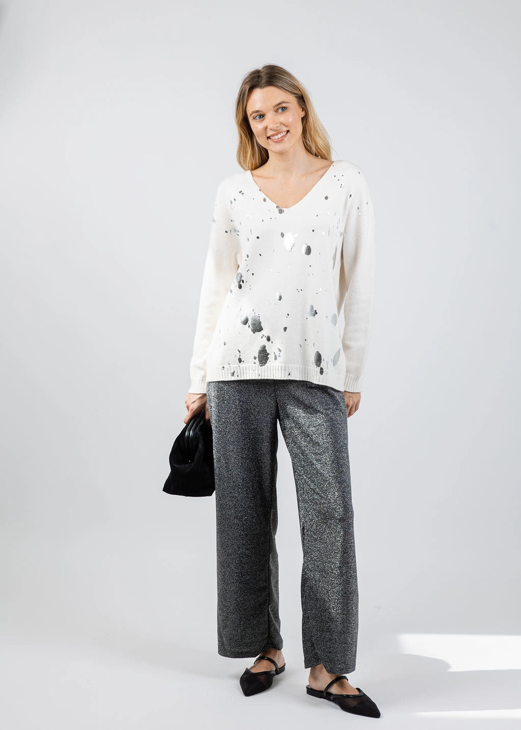 Active Comfort Breathable Movement Vicky V-Neck Foil Splatter Sweater - White Silver