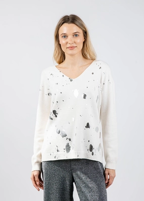 Vicky V-Neck Foil Splatter Sweater - White Silver Basic Must-Have