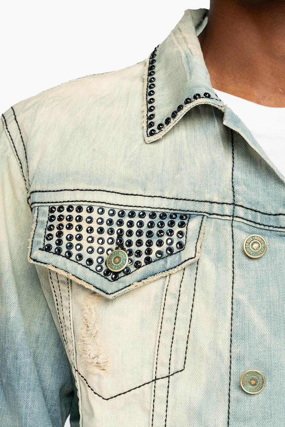 Soft Fleece Interior MultiPocketStyle VINTAGE 5D LIGHT BLUE JACKET WITH BLACK EMBROIDERED LOGO WINGS WITH EMBELLISHMENT