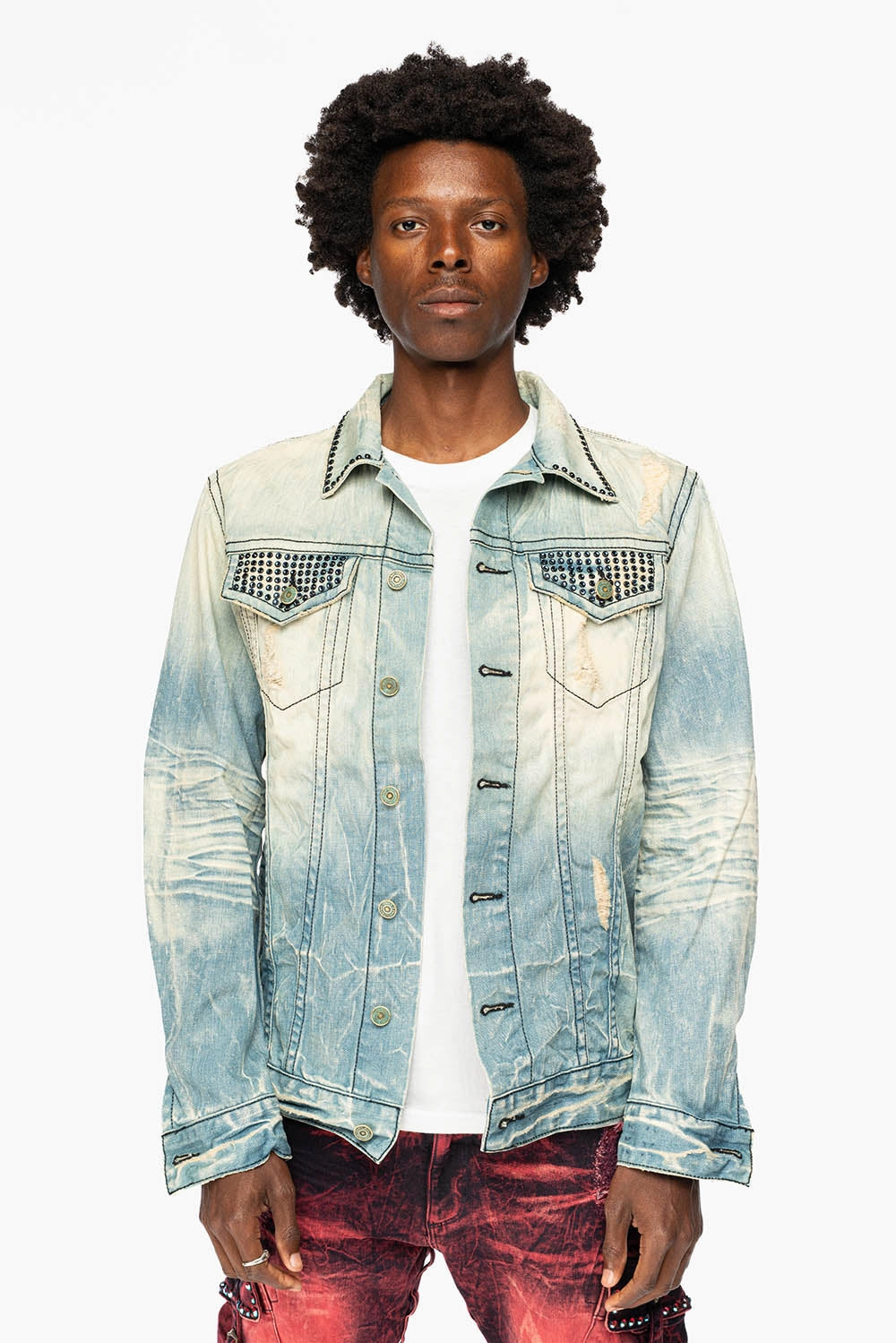 VINTAGE 5D LIGHT BLUE JACKET WITH BLACK EMBROIDERED LOGO WINGS WITH EMBELLISHMENT Multi Pocket System Fashion Forward