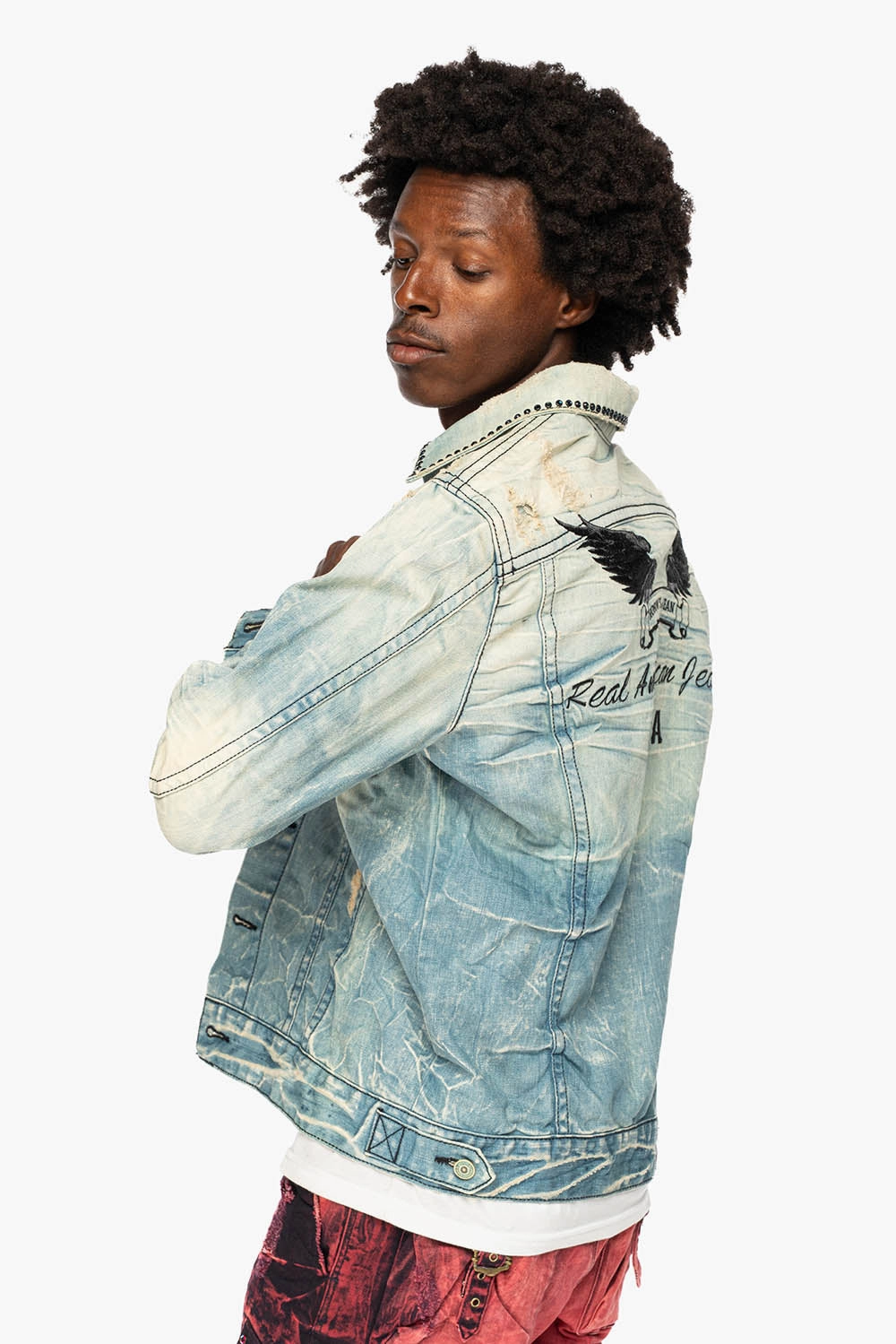 VINTAGE 5D LIGHT BLUE JACKET WITH BLACK EMBROIDERED LOGO WINGS WITH EMBELLISHMENT ReflectiveDetails