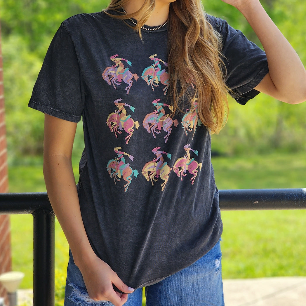 Vintage Black Mineral Wash Bucking Cowgirl Tee Active Blouse