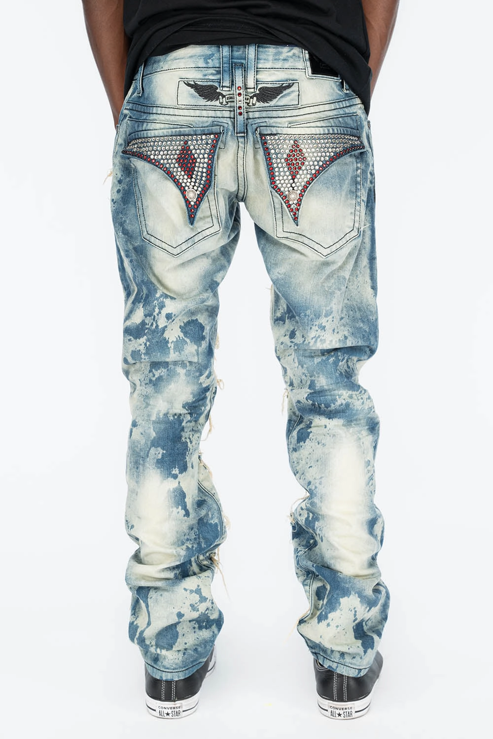 Body Friendly VINTAGE DISTRESSED & REPAIRED JEANS WITH BACK POCKET CRYSTALS IN BLUE CHEROKEE WASH