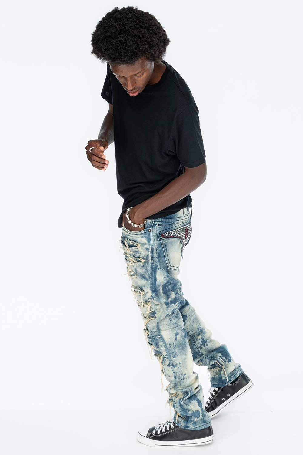 Work Ready Soft VINTAGE DISTRESSED & REPAIRED JEANS WITH BACK POCKET CRYSTALS IN BLUE CHEROKEE WASH