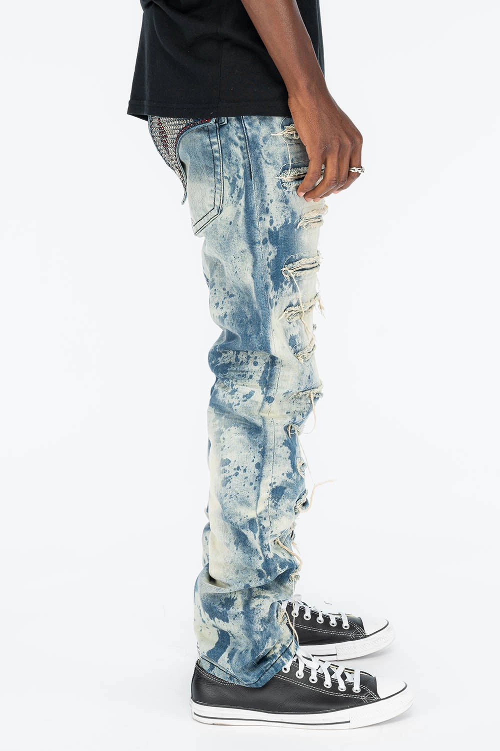 Soft Fabric Classic Fit VINTAGE DISTRESSED & REPAIRED JEANS WITH BACK POCKET CRYSTALS IN BLUE CHEROKEE WASH