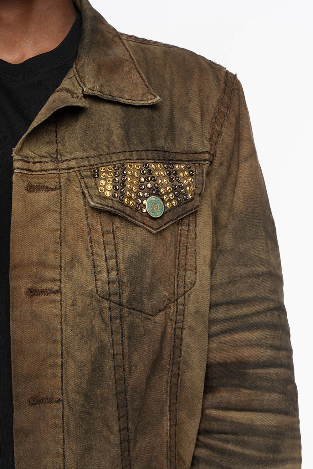 AdjustableDrawstring Sleek Layer Fit VINTAGE FASHION BROWN JEAN JKT WITH BROWN CONTRAST STICH WITH CRYSTALS