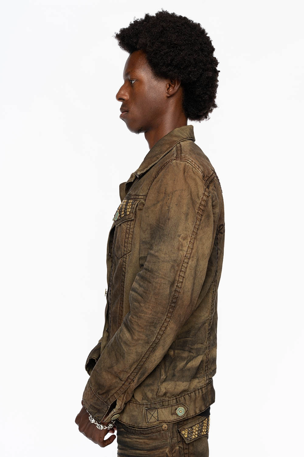 Odor Resistant Tech Weekday Street Look VINTAGE FASHION BROWN JEAN JKT WITH BROWN CONTRAST STICH WITH CRYSTALS