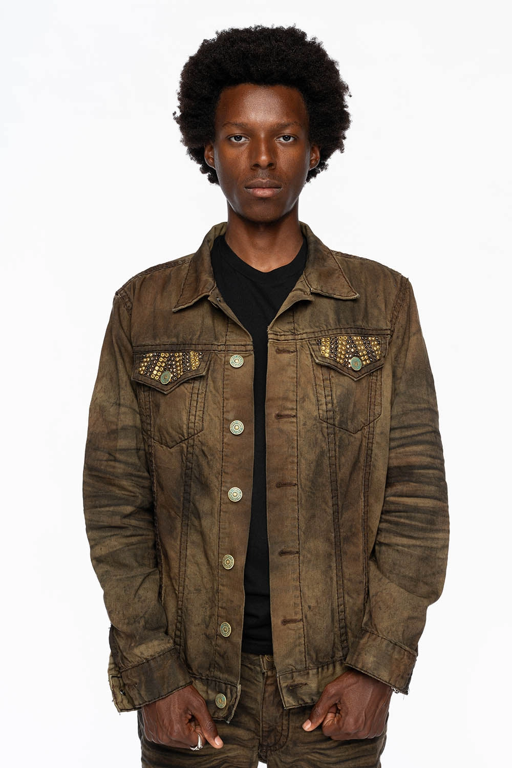 Smooth Glide Fasteners VINTAGE FASHION BROWN JEAN JKT WITH BROWN CONTRAST STICH WITH CRYSTALS