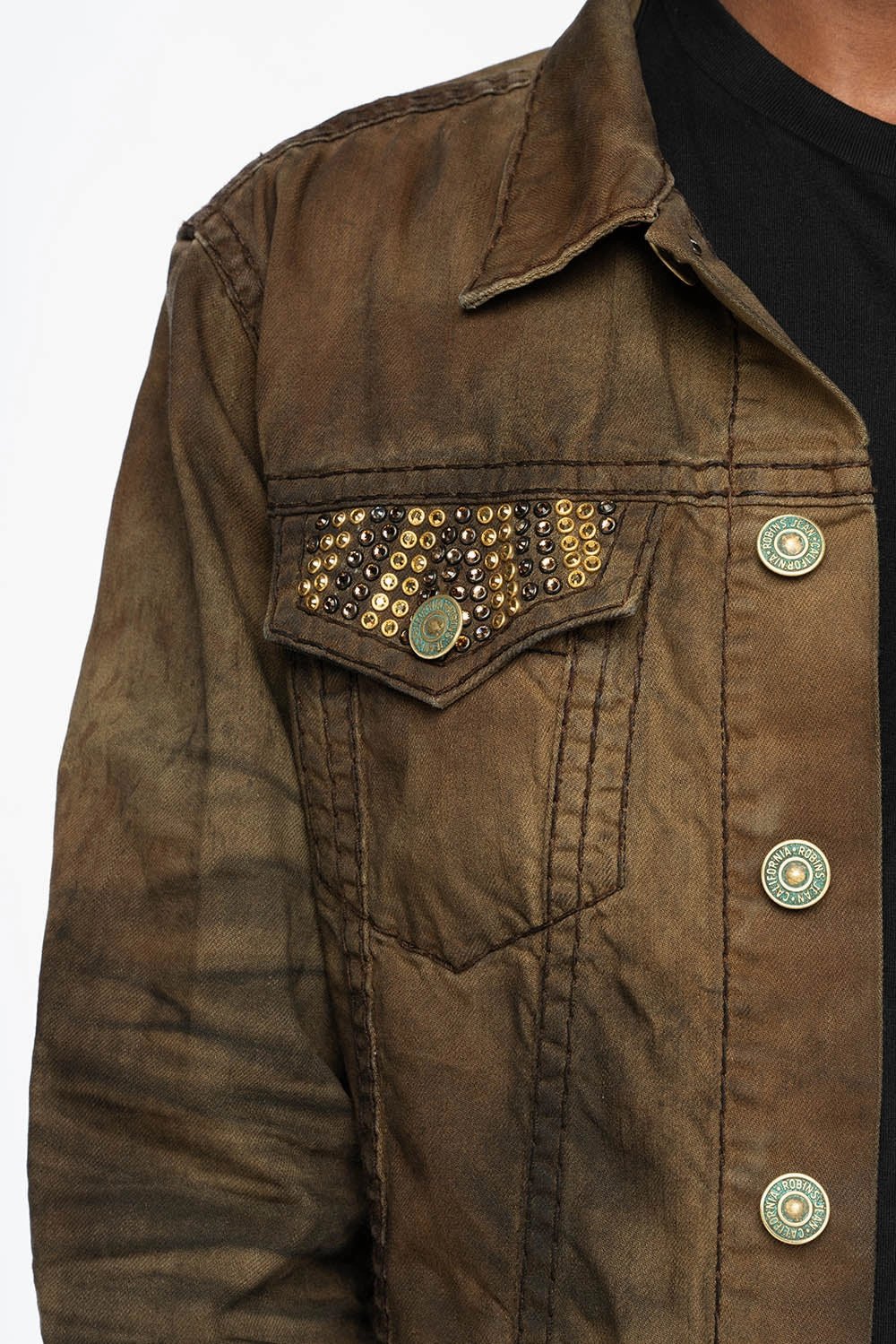 Classic Ribbed Cuffs Soft Shell VINTAGE FASHION BROWN JEAN JKT WITH BROWN CONTRAST STICH WITH CRYSTALS