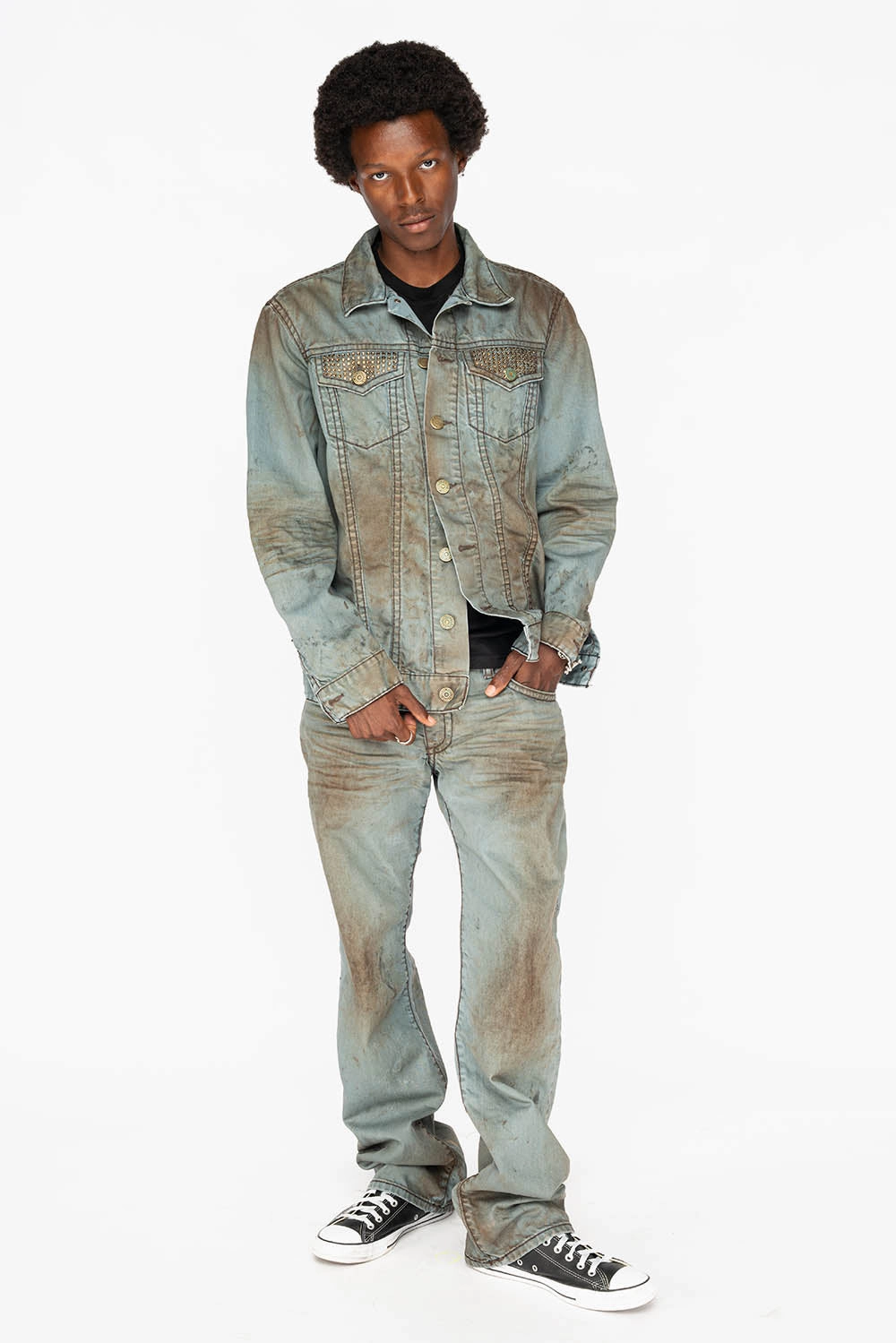 Moisture Wicking Fabric Casual Fit Layer VINTAGE FASHION LIGHT BLUE JEAN JKT WITH BROWN CONTRAST STICH WITH CRYSTALS