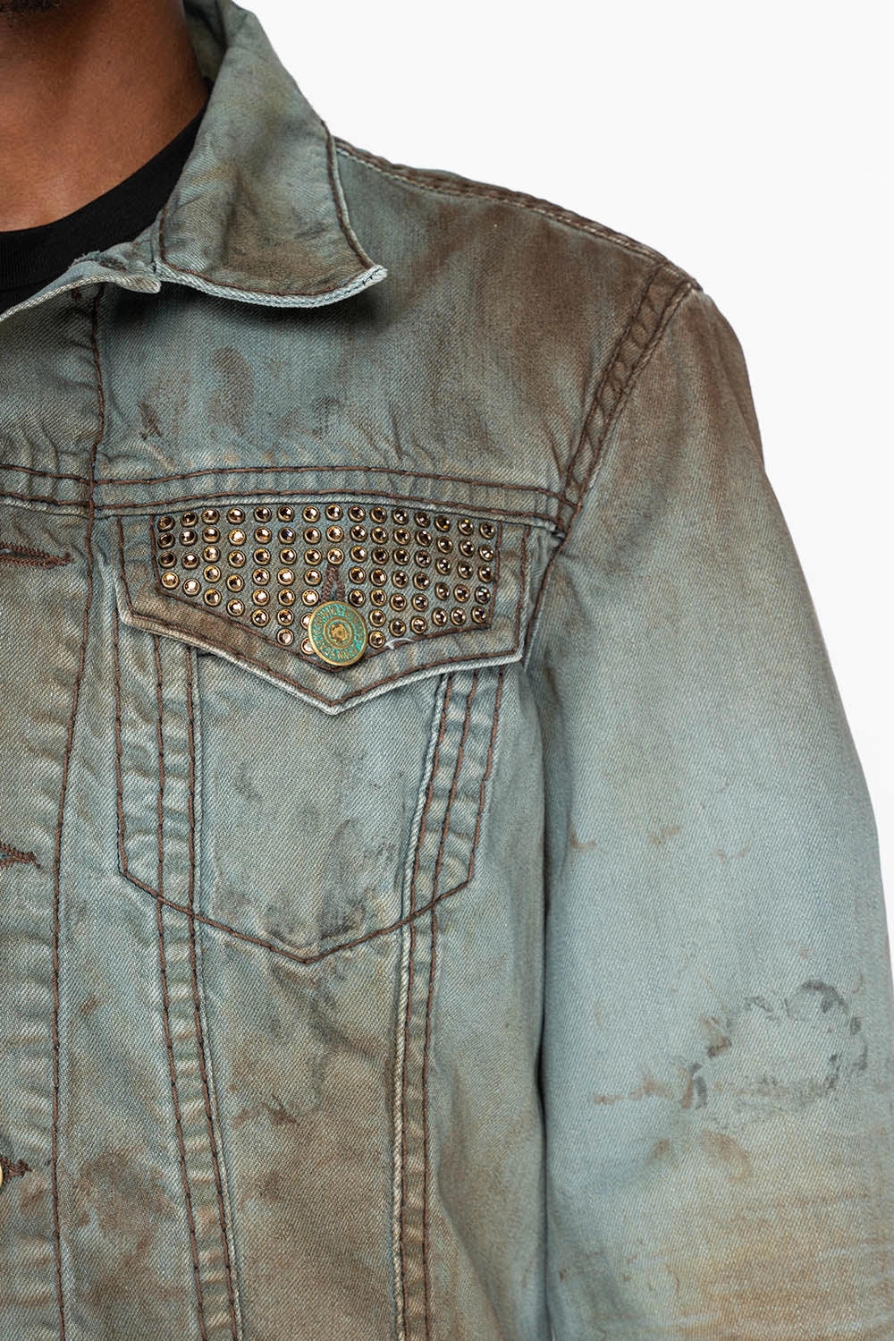 VINTAGE FASHION LIGHT BLUE JEAN JKT WITH BROWN CONTRAST STICH WITH CRYSTALS Single Breasted