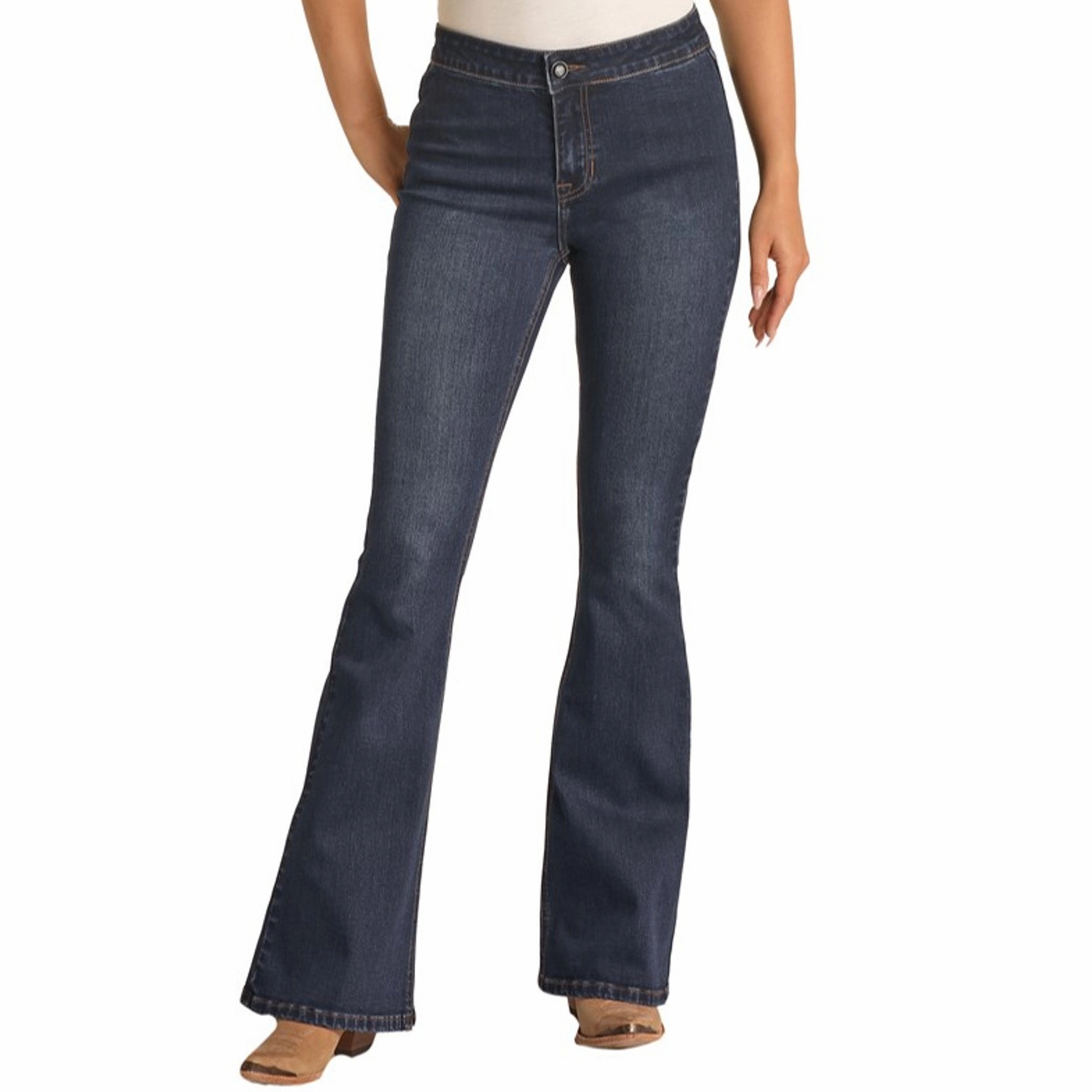 Rock & Roll Cowgirl Dark Wash Flare Jeans Foundation Wear Casual Smart Casual Unisex Wear