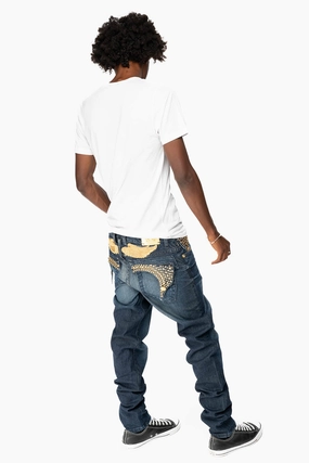 KILLER FLAP MENS SKINNY JEANS IN DARK BLUE WITH GOLD WINGS AND FULL CRYSTAL Daytime Look