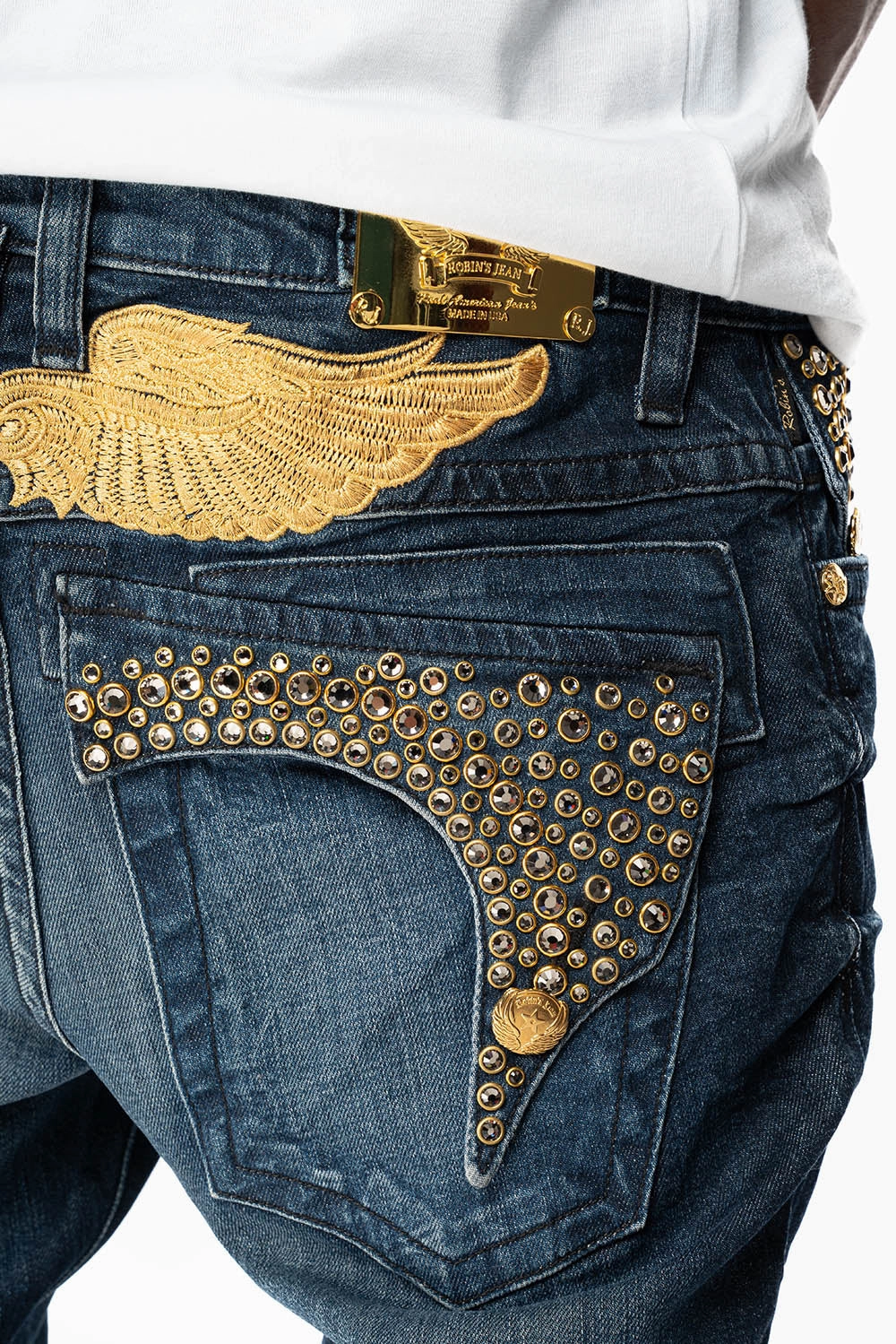 KILLER FLAP MENS SKINNY JEANS IN DARK BLUE WITH GOLD WINGS AND FULL CRYSTAL Minimalist Trendy Everyday Four Way Stretch Fabric