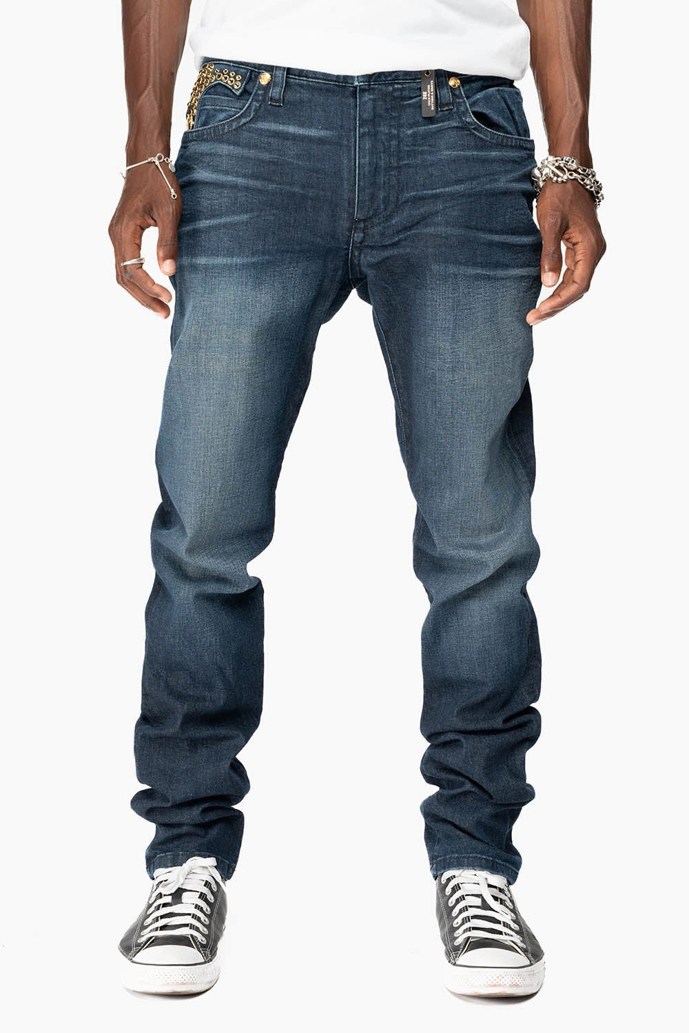 Beach Day Breathable Flattering Style KILLER FLAP MENS SKINNY JEANS IN DARK BLUE WITH GOLD WINGS AND FULL CRYSTAL