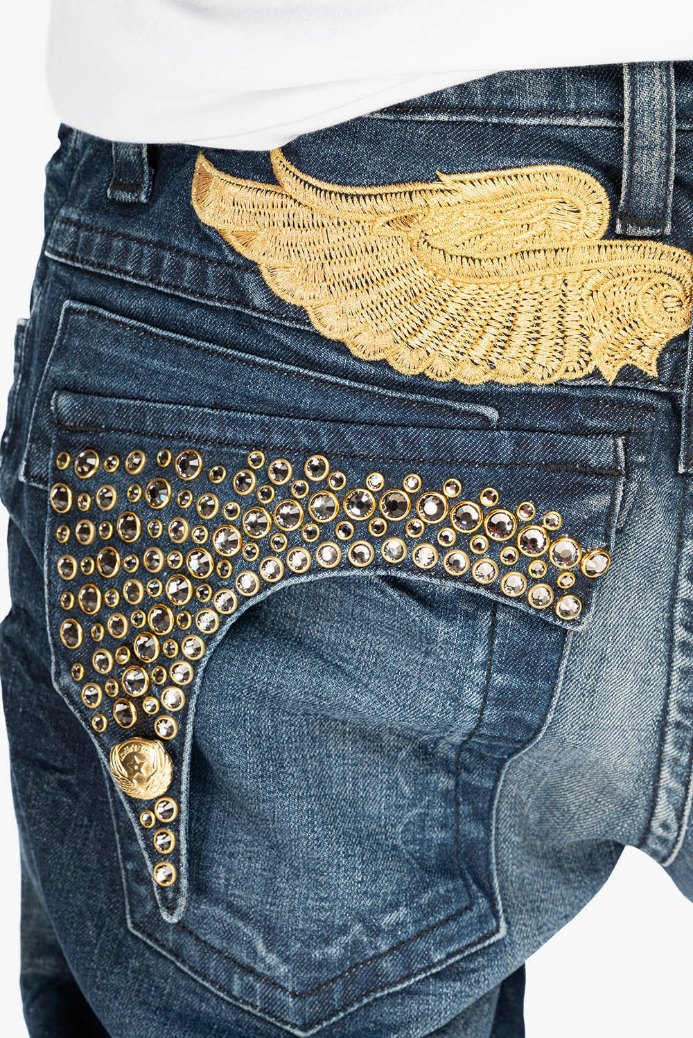 Fade Resistant Finish KILLER FLAP MENS SKINNY JEANS IN DARK BLUE WITH GOLD WINGS AND FULL CRYSTAL