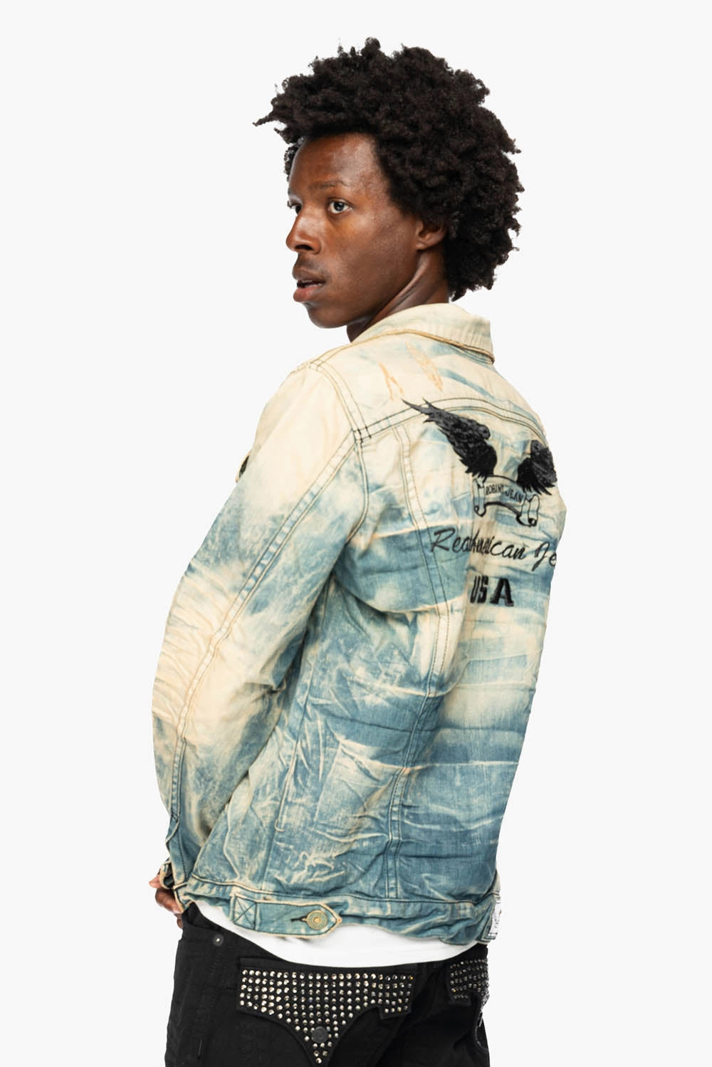 VINTAGE LIGHT BLUE JACKET WITH CONTRAST STITCHING  AND BLACK EMBROIDERED LOGO WINGS SlipResistantFastenings Cozy Comfort