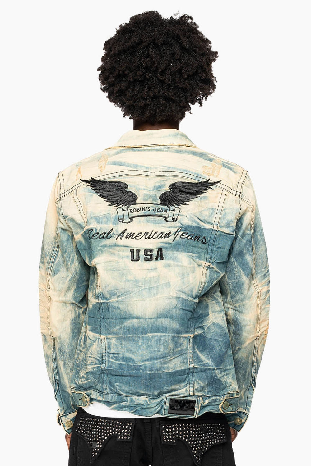 VINTAGE LIGHT BLUE JACKET WITH CONTRAST STITCHING  AND BLACK EMBROIDERED LOGO WINGS wrinkle free finish