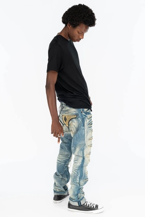 Clean Silhouette VINTAGE RIPPED,DISTRESSED & REPAIRED JEANS WITH BACK POCKET CRYSTALS IN OMAHA WASH