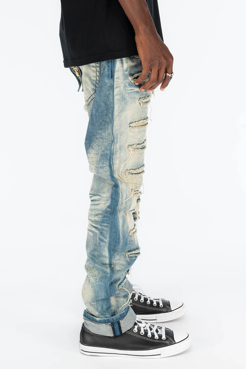 Basic Necessity Casual Option VINTAGE RIPPED,DISTRESSED & REPAIRED JEANS WITH BACK POCKET CRYSTALS IN OMAHA WASH