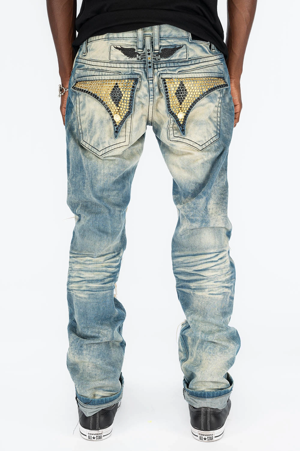Timeless Wear VINTAGE RIPPED,DISTRESSED & REPAIRED JEANS WITH BACK POCKET CRYSTALS IN OMAHA WASH