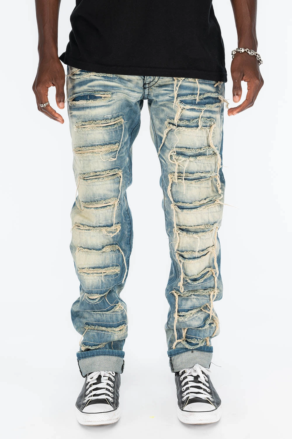 VINTAGE RIPPED,DISTRESSED & REPAIRED JEANS WITH BACK POCKET CRYSTALS IN OMAHA WASH Breathable fabric technology Basic Necessity