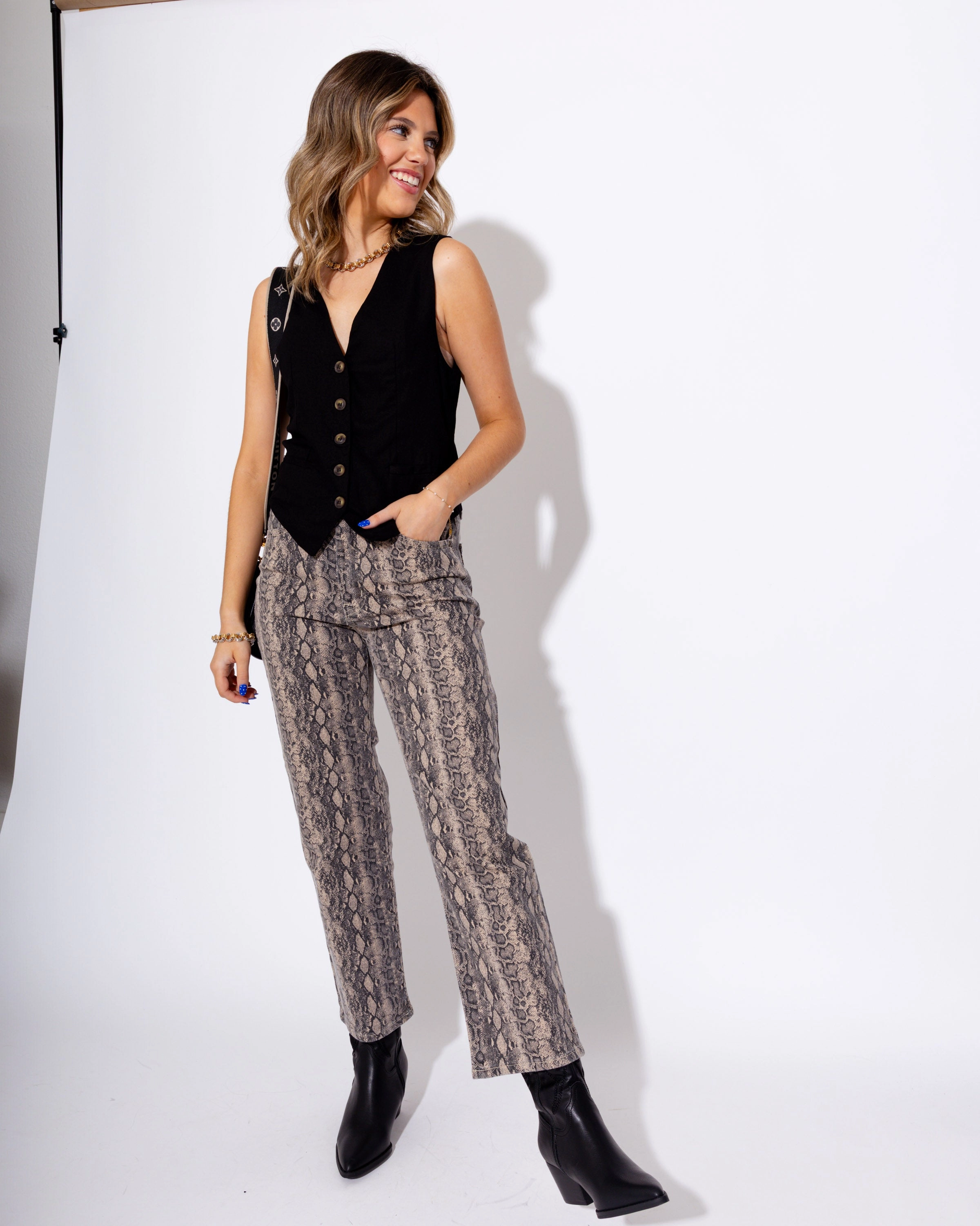 Fashion Comfort Student Outfit Earthy Vintage Straight Snake Print Jeans