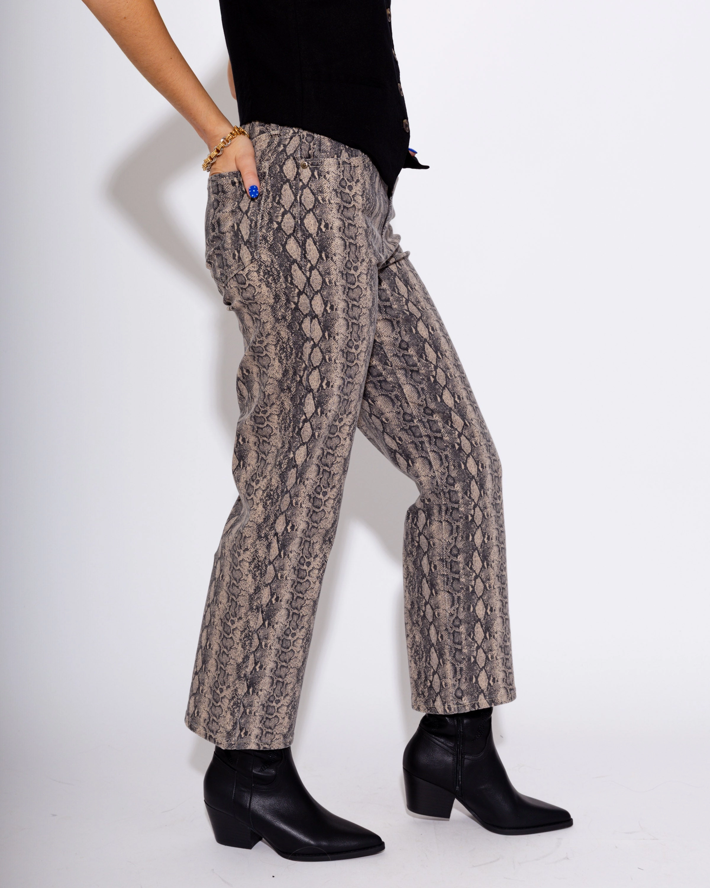 Vintage Straight Snake Print Jeans Neutral Fabric