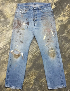 Breathable Travel Outfit Brunch Outfit Comfort waistband Vintage USA Made Levi 501 Premium Wash & Paint  Denim Jeans (JYJ-0189)