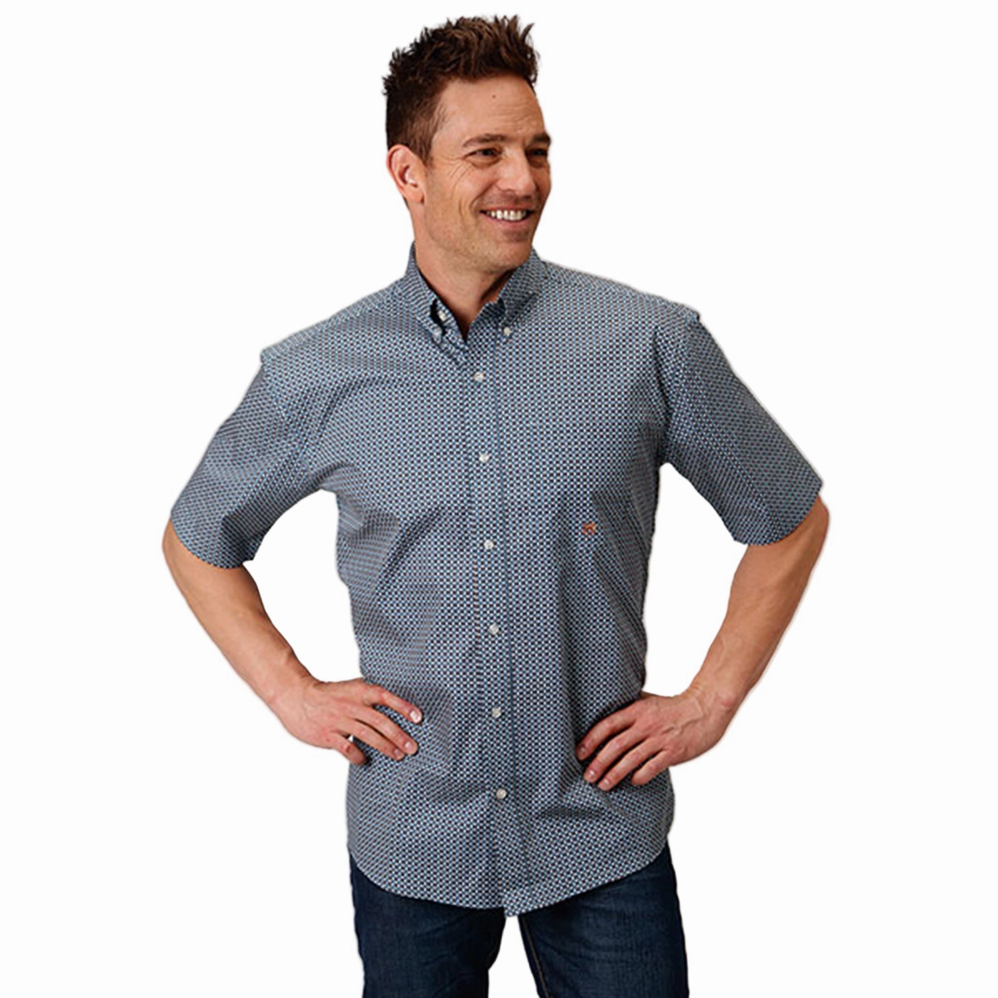 Roper Blue & Orange Geo Print Short Sleeve Shirt Flexible Material Edgy Design