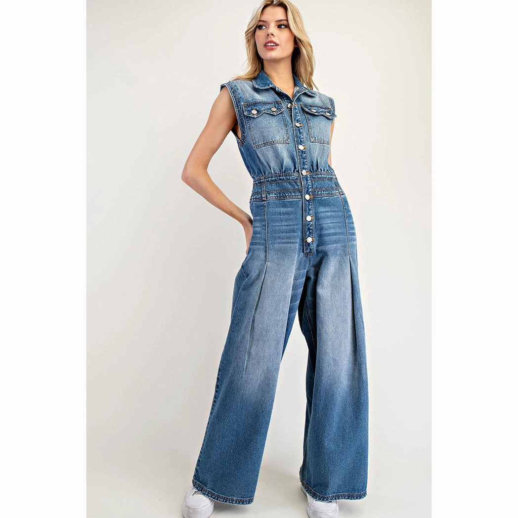 Washed Denim Wide Leg Jumpsuit Nature Lover Party Look Belt Loop Reinforcement