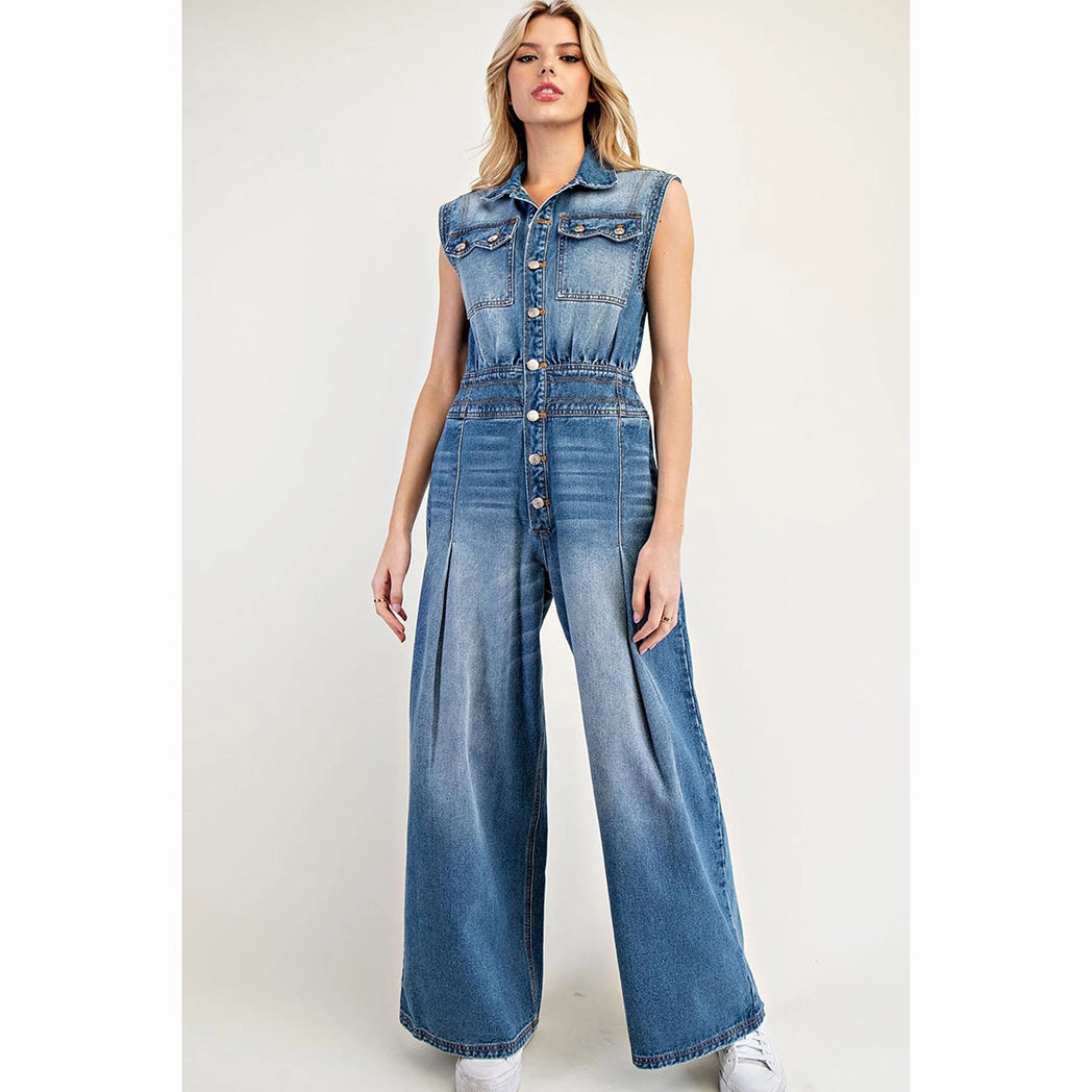 Washed Denim Wide Leg Jumpsuit Basic Outfit