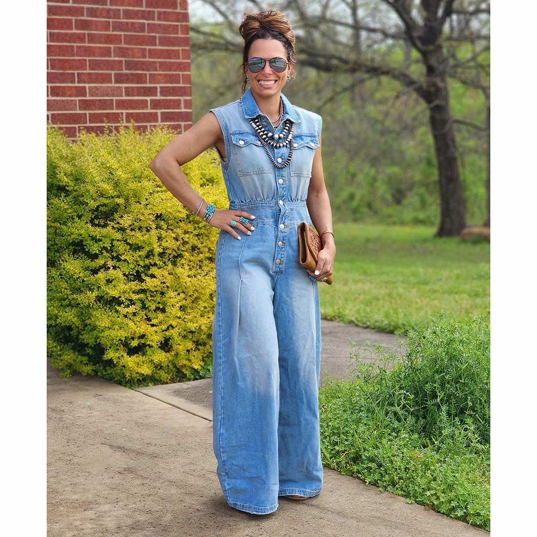 Washed Denim Wide Leg Jumpsuit FlexibleKnit