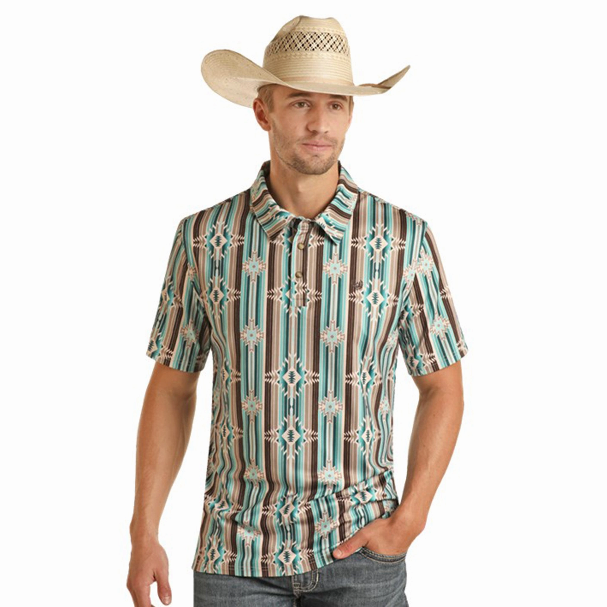 Chilly Weather Wear Durable Stitching Panhandle Men's Turquoise Aztec Stripe Shirt