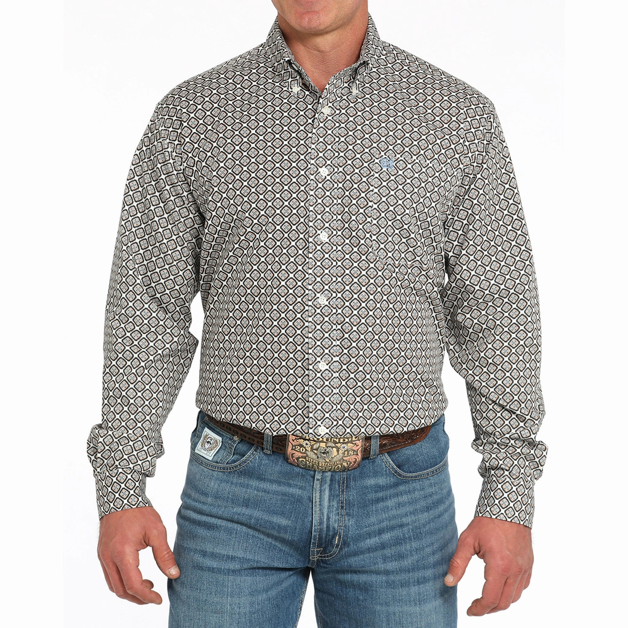 Polished Look Cinch Cream and Tan Geo Print Long Sleeve Shirt