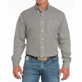 Polished Look Cinch Cream and Tan Geo Print Long Sleeve Shirt