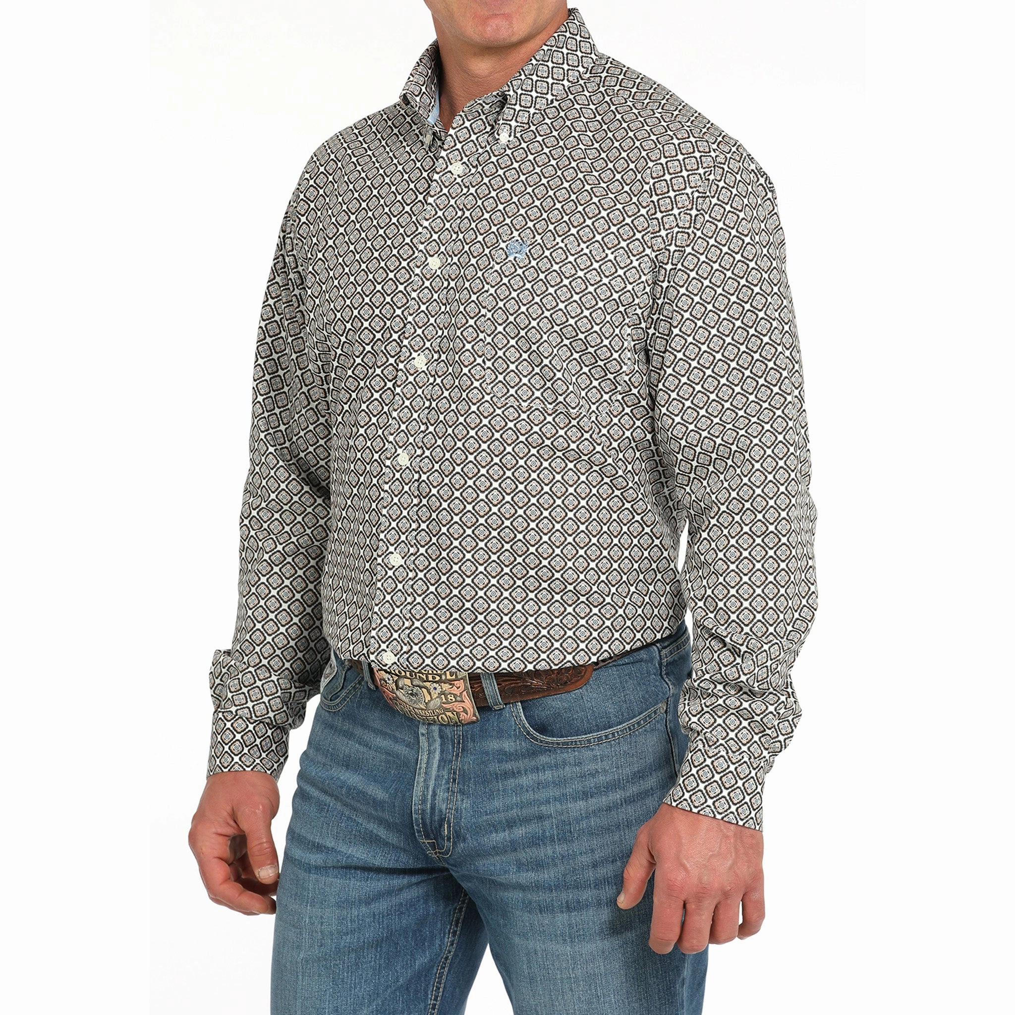 Functional Fashion Cinch Cream and Tan Geo Print Long Sleeve Shirt