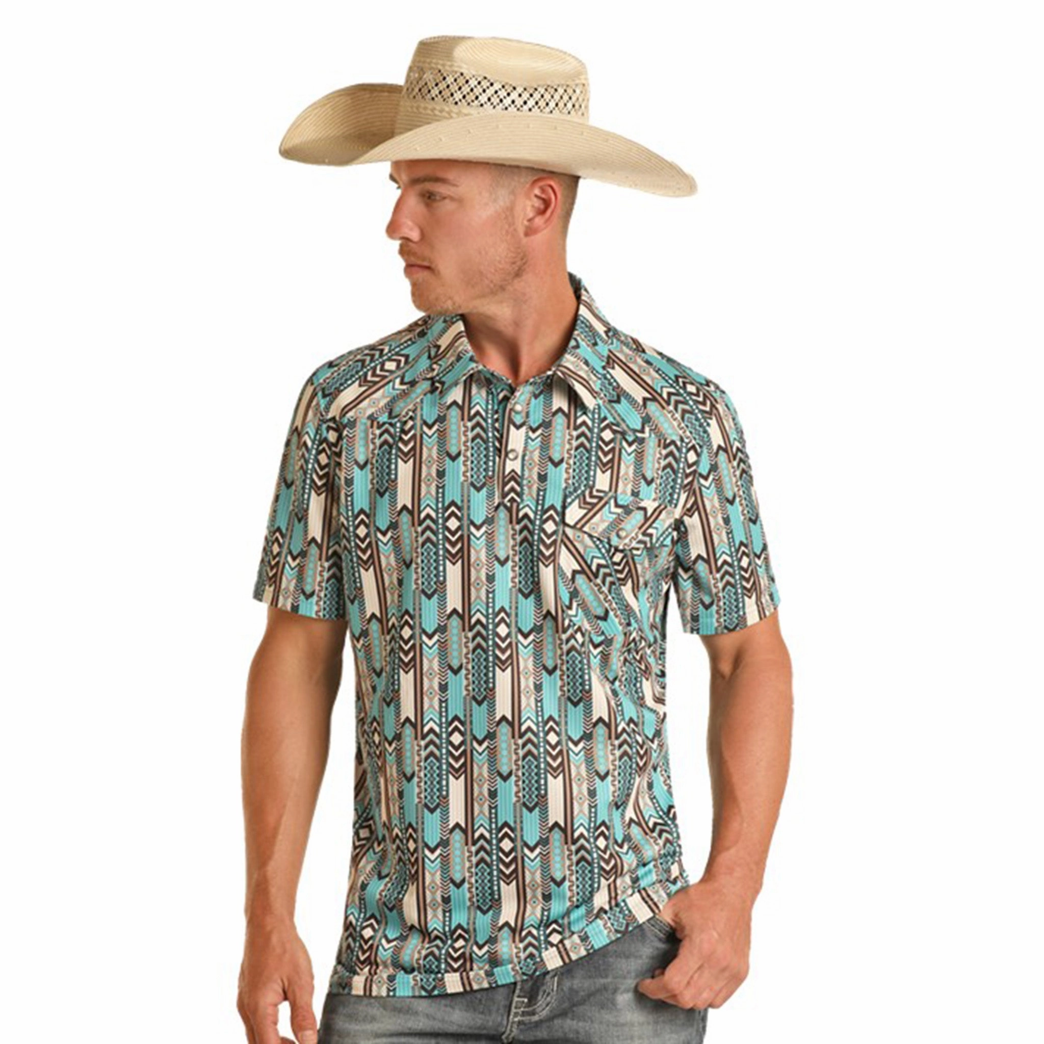 Rock & Roll Men's Turquoise & Brown SW Polo Festive Look Fitted Silhouette