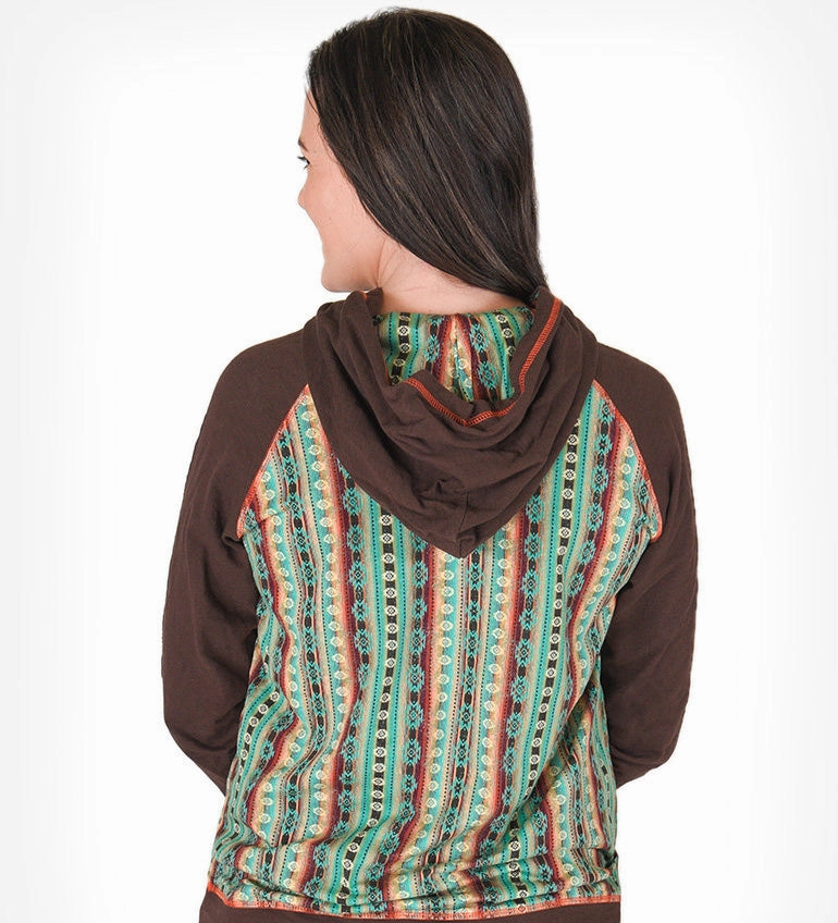 Reflective Safety Trim Outdoor Trip Cowgirl Tuff Women's Brown Pullover with Coral Aztec