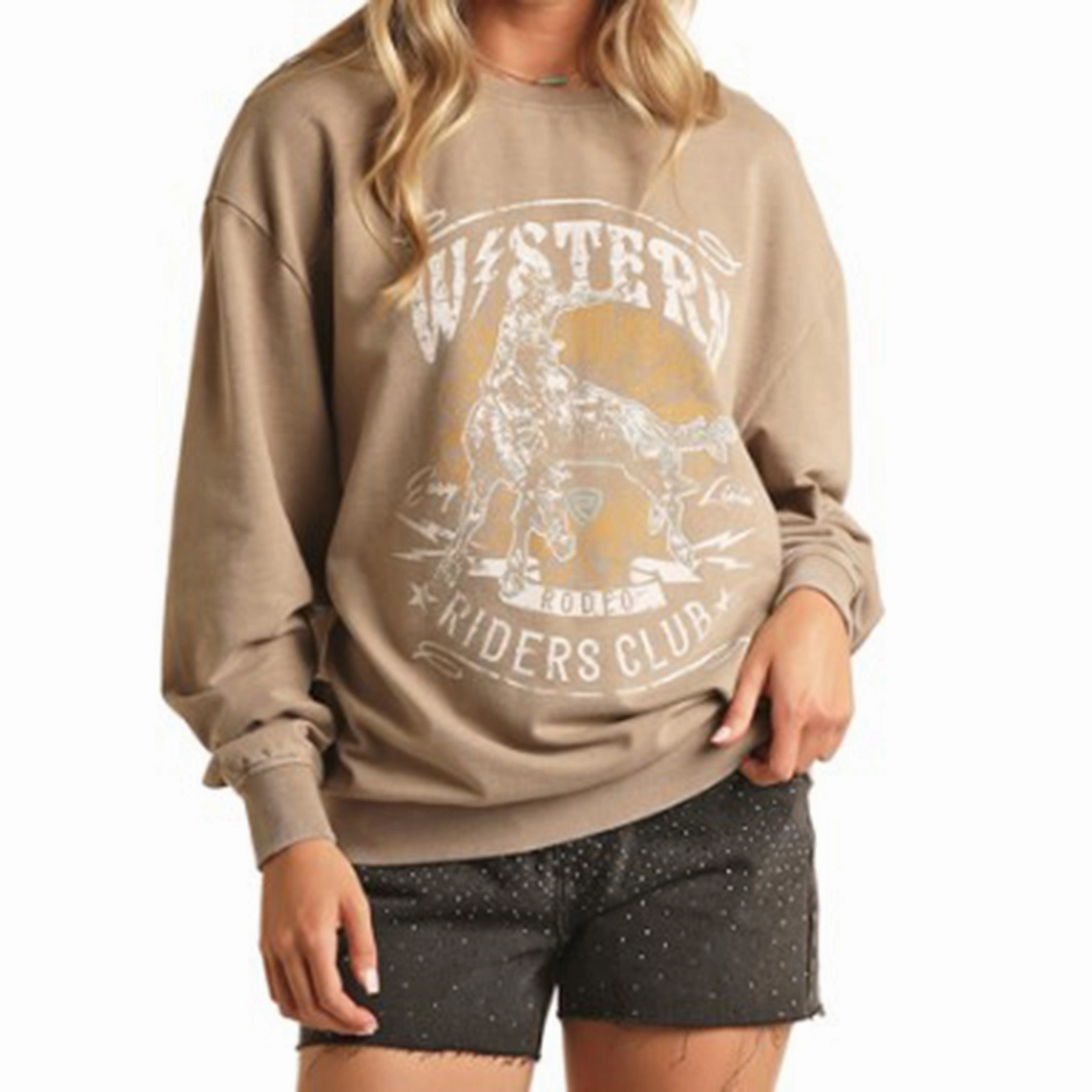 Rock & Roll Women's Taupe Western Oversize Sweatshirt MinimalistDesign CompressionSupportWeave