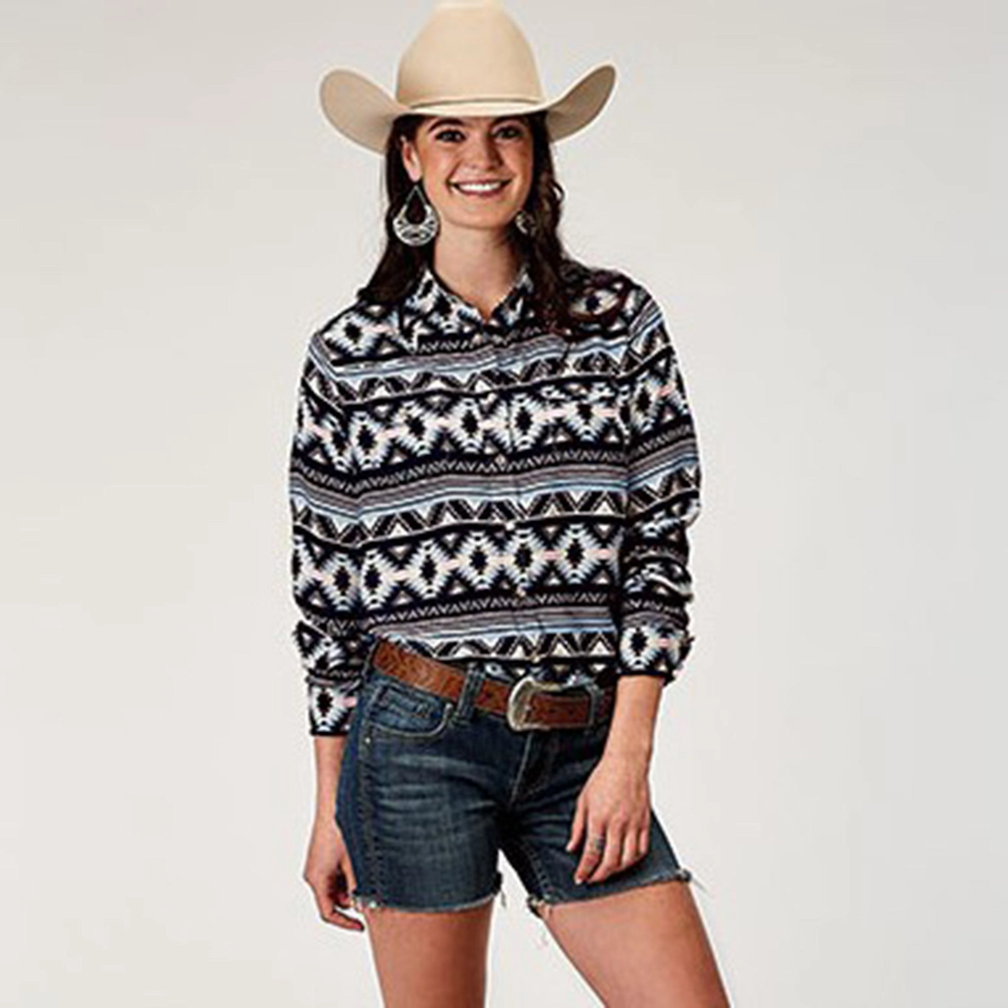 Roper Women's Navy Aztec Long Sleeve Yarn Dyed Fabric SnagResistant