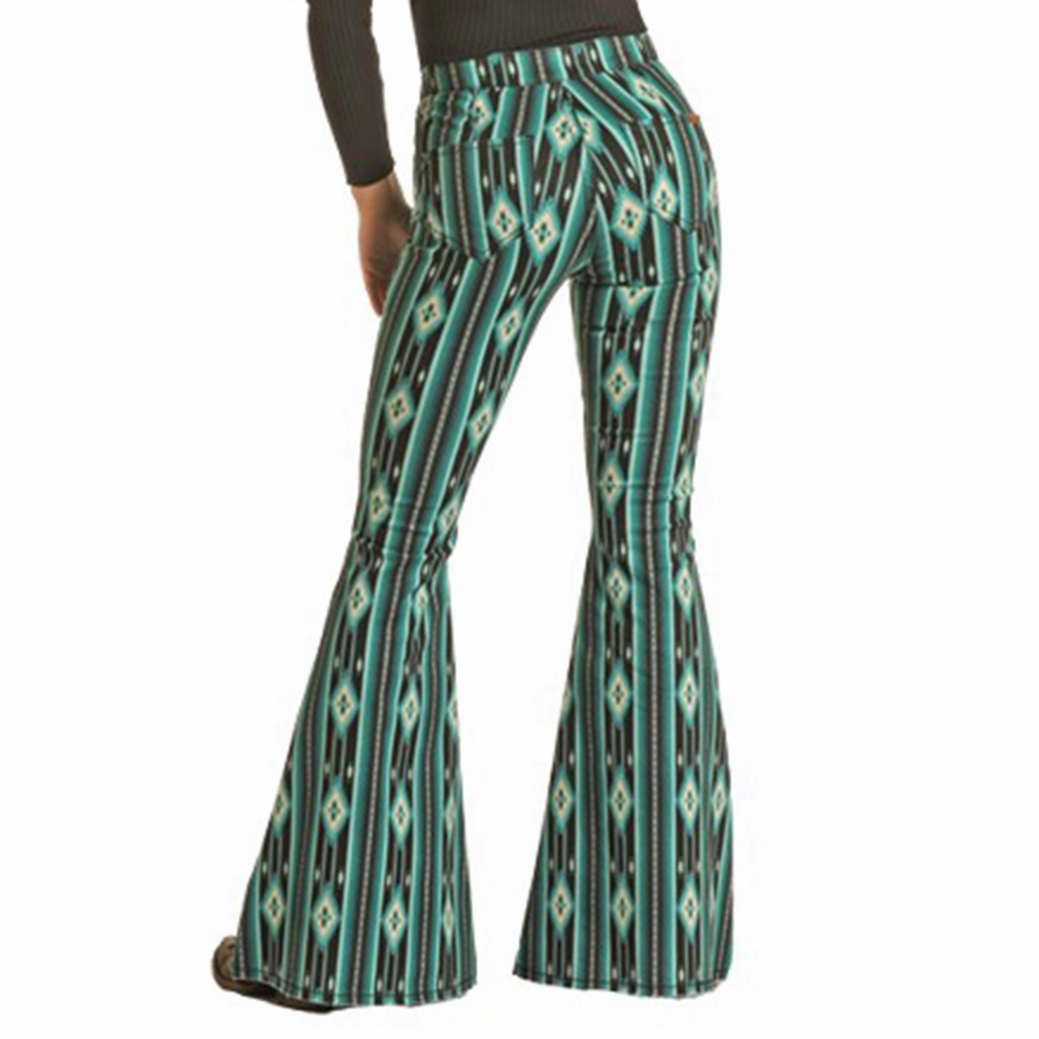 Morning Stroll Evening Stroll Trend Setter Fashion Lover Minimalist Rock & Roll Women's Teal/Black Stretch Bellbottoms