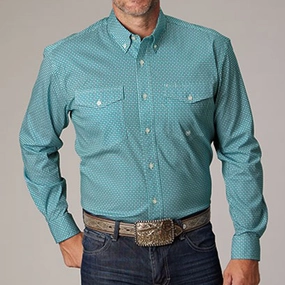 Roper Men's Teal Geo Print Long Sleeve Moisture Management Tech Trendy Layer